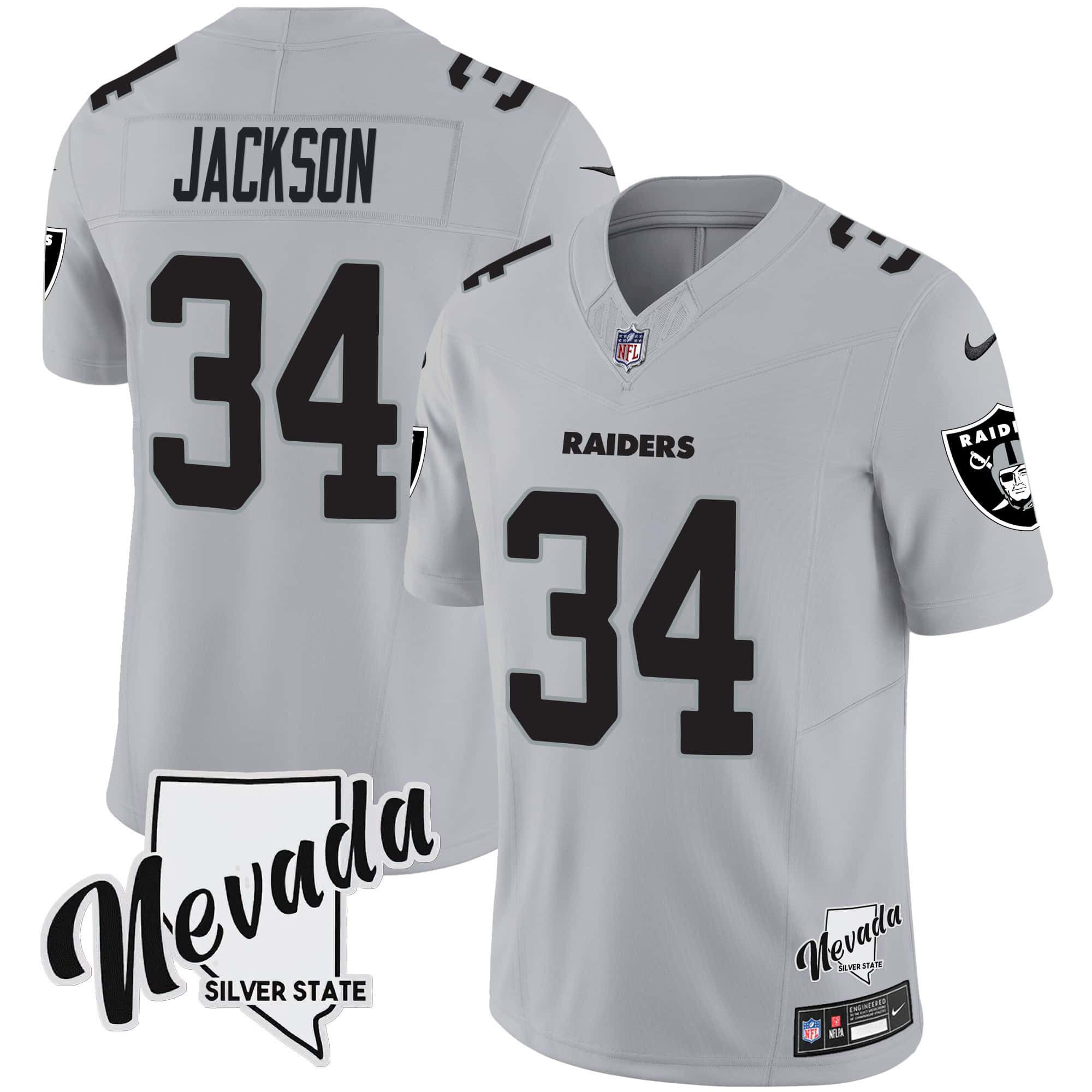 Men Oakland Raiders #34 Jackson Grey 2024 Nike Nevada Silver State Patch Vapor NFL Jersey
